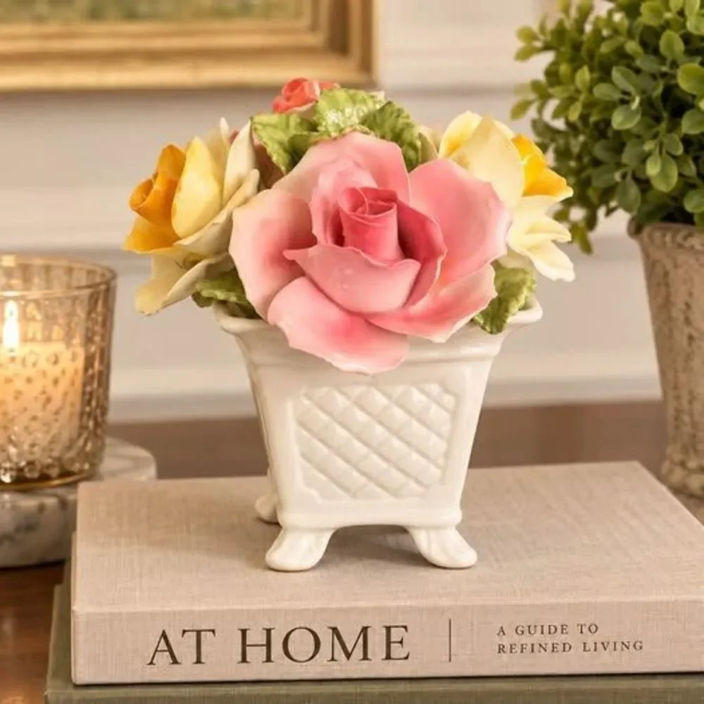 Vintage Porcelain Rose Flower Arrangement in Footed Planter